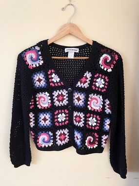 Cotton Emporium Black Crochet Cardigan with Pink & Purple Accents